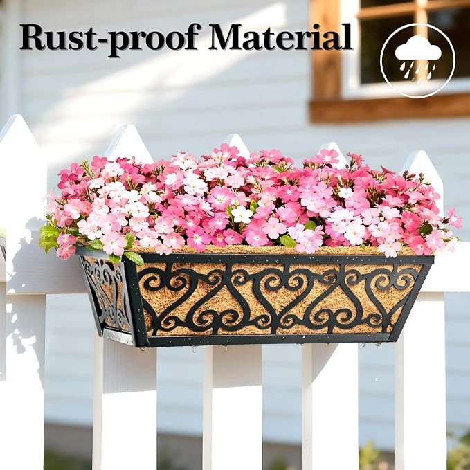 4 Pack 16 Inch Deck Railing Planter Box - Window Boxes Planters with Adjustable Brackets Coco Liners Balcony Planters Railing Hanging for Window Flower Boxes Outdoor Garden Decor