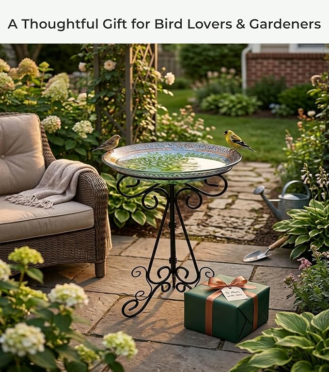 Large Bird Bath for Outside, Glass Bath Bowl with Metal Stand 28" H Standing Outdoor Birdbaths for Garden Yard Lawn Decor, Tree of Life-New