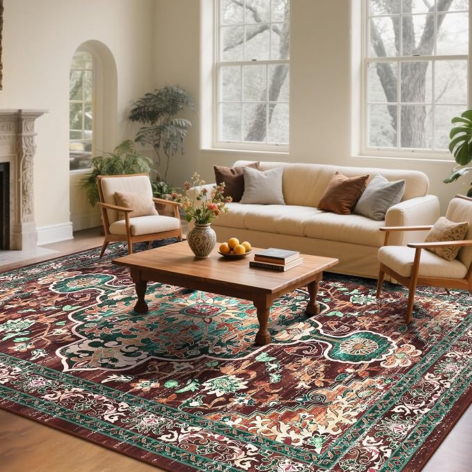 U'Artlines Boho Vintage Area Rug 9x12 Machine Washable Carpet, Rust＆Teal | Low Pile, Non Slip, Ultra-Thin Soft Floor Carpet, Accent Rug for Living Room Bedroom Dining Room Office