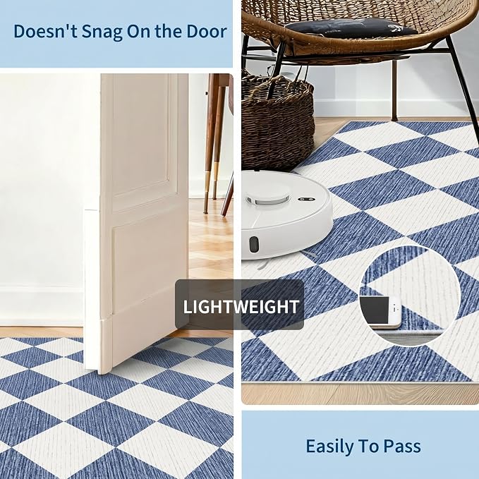 GarveeHome 3x5 Checkered Area Rug Non Slip Washable Entryway Bedroom Rug | Modern Geometric Plaid Navy Blue Carpet Classic Throw Mat for Kitchen Bedside Kids Room Office Dining Room
