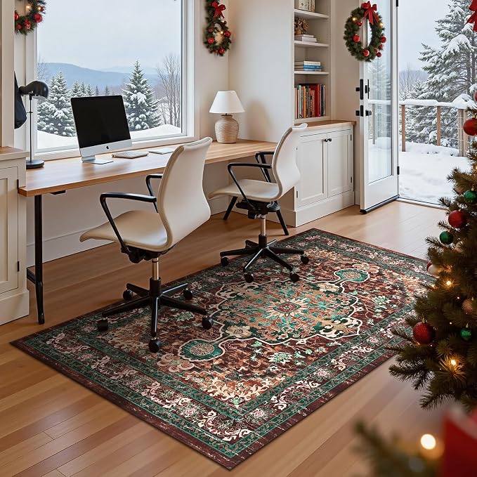 U'Artlines Boho Vintage Area Rug 4x6 Machine Washable Carpet, Rust＆Teal | Low Pile, Non Slip, Ultra-Thin Soft Floor Carpet, Accent Rug for Living Room Bedroom Entryway Dining Room Office