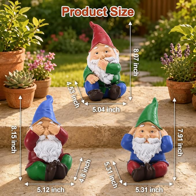 3Pcs Garden Gnomes Outdoor Statue, No Hear No See No Speak Gnomes Lawn Decor, Silence is Gold Art Gnome Figurines for Yard, Patio, Balcony, Home, Unique Garden Gifts for Mom Women Grandma