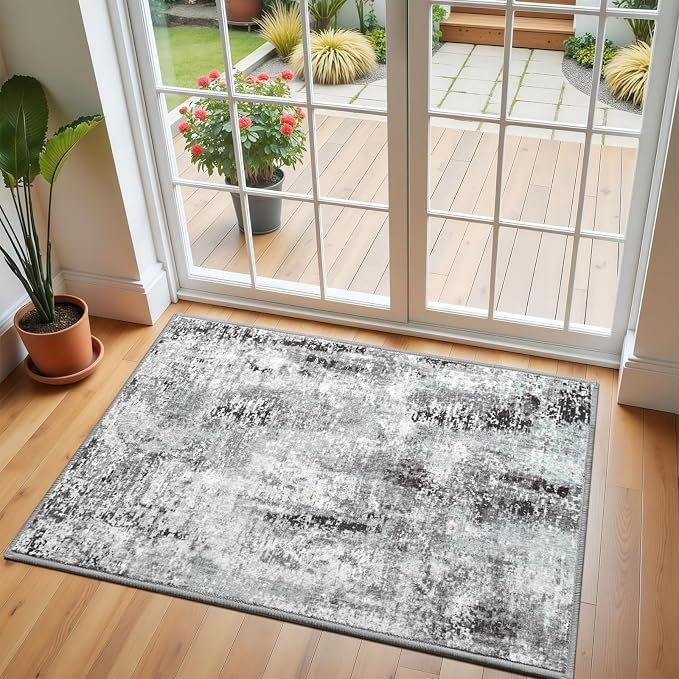 Dark Grey Washable Small Area Rug, 2x3 Abstract Non-Slip Door Mat, Modern Low Pile Indoor Entryway Rugs, Stain Resistant Throw Carpet for Front Door, Kitchen, Entry, Inside Entrance