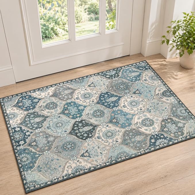 Lahome Moroccan Trellis Front Door Mat Indoor Entrance, 2x3 Rugs for Entryway Non-Slip Washable Indoor Door Mat, Oriental Accent Small Rug for Kitchen Bedroom Bathroom Elise, Blue
