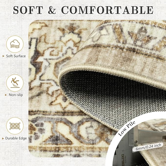 6x9 Area Rugs - Washable Vintage Retro Living Room Rug, Soft Ultra Thin Non Slip Low Pile Traditional Distressed Boho Carpet for Bedroom Dining Room Nursery Home Office, Beige Brown