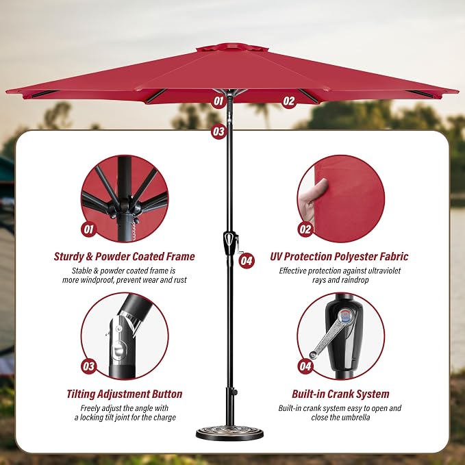 Simple Deluxe 2 Pack 9FT Outdoor Patio Umbrella Table Market Umbrella with Push Button Tilt and Crank, 8 Sturdy Ribs, UV Protection Waterproof for Garden, Lawn, Deck, Backyard, Pool, Red