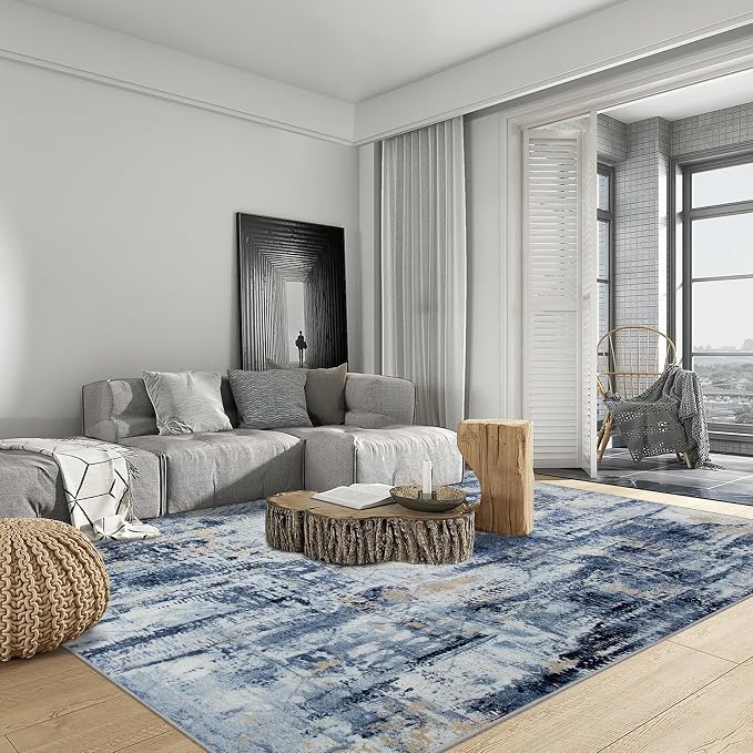 5x7 Area Rugs for Living Room: Washable Abstract Blue Gold Badroom Carpet | Non-slip TPE backing makes this washable soft low-pile rug safe & durable, Pet-friendly decor for dining room,nursery,office