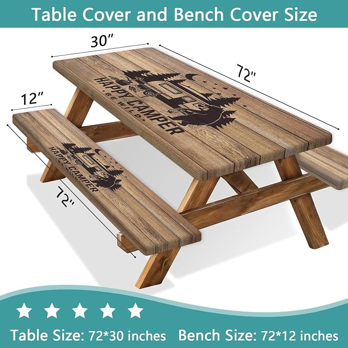 Picnic Table Cover with Bench Covers, Waterproof Windproof Fitted Outdoor Tablecloth with Elastic Rectangle Table Camping Must Haves Rv Accessories, 60in, Brown Wooden