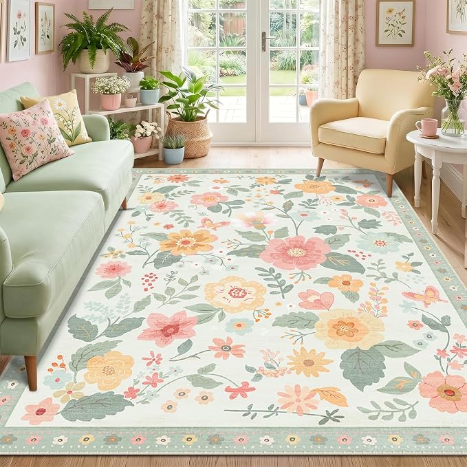 RELEANY Floral Washable 8x10 Area Rugs Beige/Green | Flower Carpet, Print, Boho, Non-Slip, Easy to Clean, Soft, Low Pile for Living Room Bedroom Kitchen Office Entryway Hallway