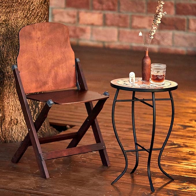 VONLUCE Mosaic Side Table and Plant Stand, 21" Round End Table with 14" Ceramic Tile Top, Indoor & Outdoor Accent Table, Porch Patio Furniture, Entryway & Coffee Table for Home & Garden, Maple