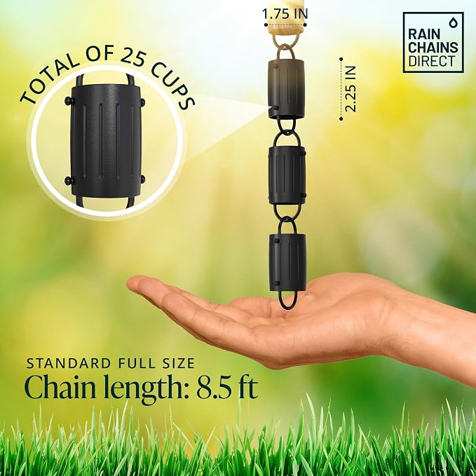 Rain Chains Direct - Barrel Rain Chain - 8.5 FT - Durable Black Powder-Coated Aluminum - Premium Rain Chains for Gutters