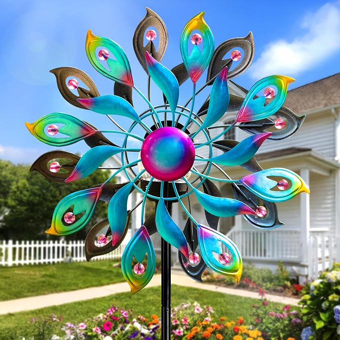360°Peacock Solar Wind Spinner with Lights Blue Metal Garden Outdoor Decor Yard Lawn Art Decor for Patio Kinetic Windmills Unique Gifts for Friends and Family 51.9' H x 12.2'' Dia