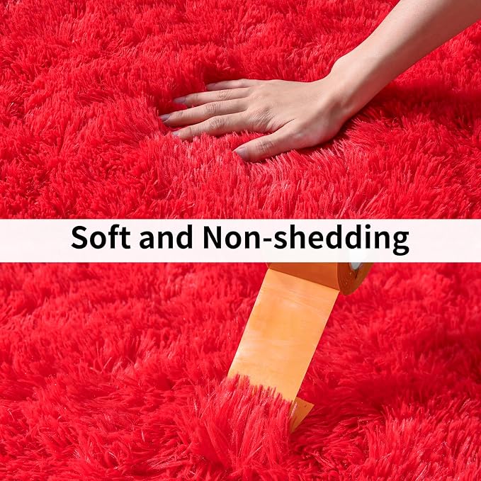Fluffy Shag Rugs for Living Room 6x9 Red, Washable High Pile Plush | Upgrade Non-slip, Large Big 6 x 9 Shaggy Area Rug for Bedroom Christmas, Flame Resistant