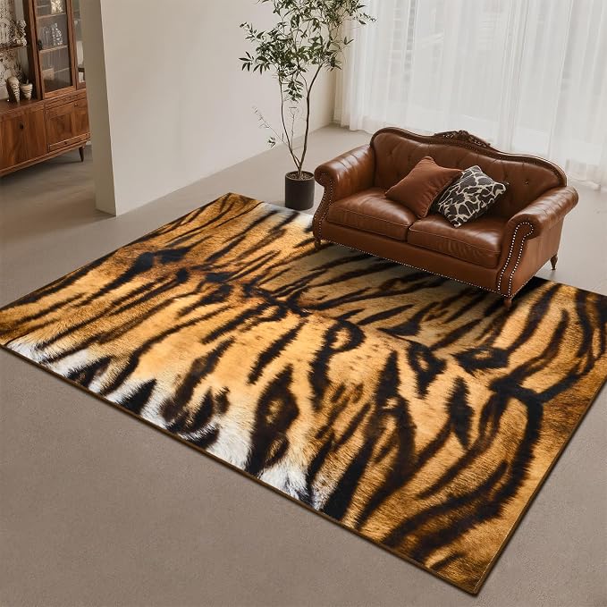 DweIke Tiger Rugs for Living Room, 8x10 Large Soft Faux Animal Tiger Print Area Rug, Washable Non-Slip Stain Resistant Throw Carpet for Dining Room Office Western Home Decor