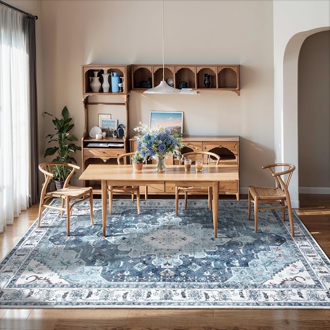 SERISSA 5x7 Washable Non Slip Boho Area Rug for Living Room | Ultra Soft Vintage Oriental Carpet Low-Pile Distressed Vintage Blue Throw Carpet for Bedroom Dining Room Dorm Office Home
