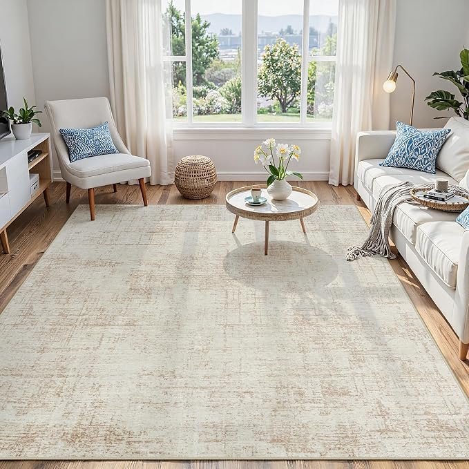 5x7 Washable Area Rug for Living Room Bedroom: Non-Slip Modern Beige White | Machine Washable TPR Backing, Stain-Resistant Low Pile, Pet & Kid Friendly, Abstract Decor for Dining Room, Dorm, Home Office