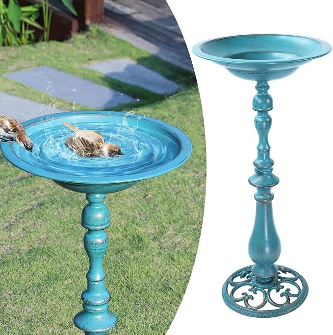 26.6"H Cast Iron Pedestal Bird Bath,Metal Birdbath for Outdoors (Blue) | Bird Bath for Outside,Tall Bird Baths,Bird Feeder Seed Tray for Garden Yard Decor