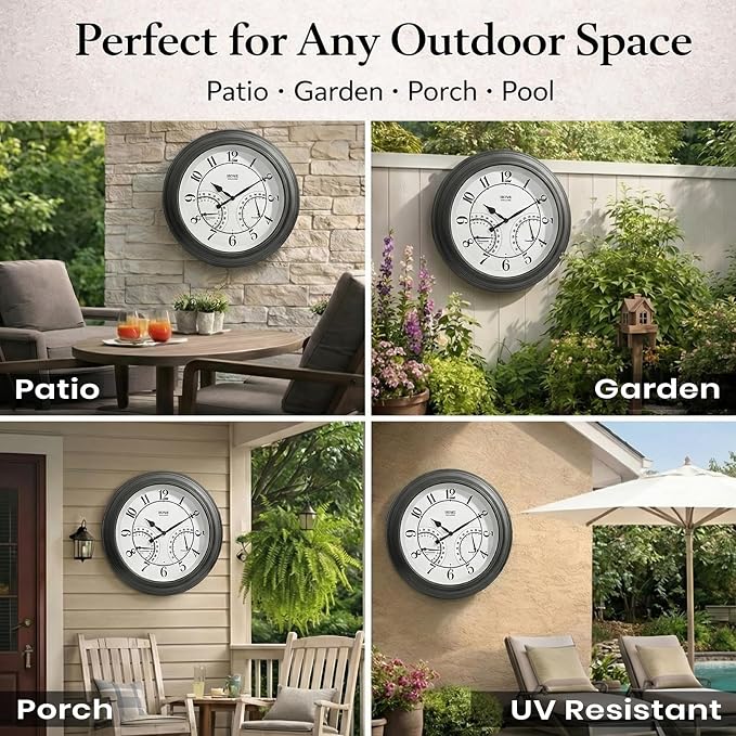 Pytha Sight 24 Inch Outdoor Clocks Waterproof, Large Easy-to-Read Illuminated Outdoor Wall Clock with Smart Light Sensor, Silent Large Outdoor Clock for Patio, Pool,Porch,Garden,Backyard