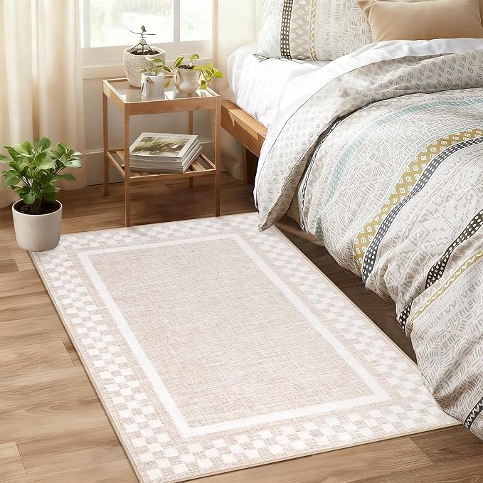 GarveeHome Small Area Rug 2x3 Washable Scalloped Non Slip Kitchen Rugs | Modern Checkered Solid Color Bedroom Doormat Stain Resistant Bordered Throw Carpet for Living Room Nursery Laundry, Beige