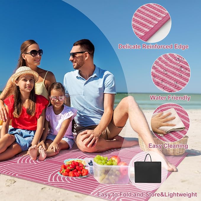 Lahome Deck Rugs Outdoor Waterproof 6x9 Patio Outside Rug, Plastic Straw Rug Reversible Rv Mat,Large Porch Floor Area Rug,Portable Camping Carpet for Balcony Tent (Rainbow Pink, 6'x9')