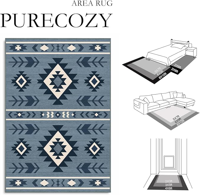 Area Rug 6x9 Western Rug Living Room Southwestern Aztec Tribal Rugs Southwest Navajo Machine Washable Non-Slip Printed Low-Pile Floor Carpet for Bedroom Dining Room Office, Blue
