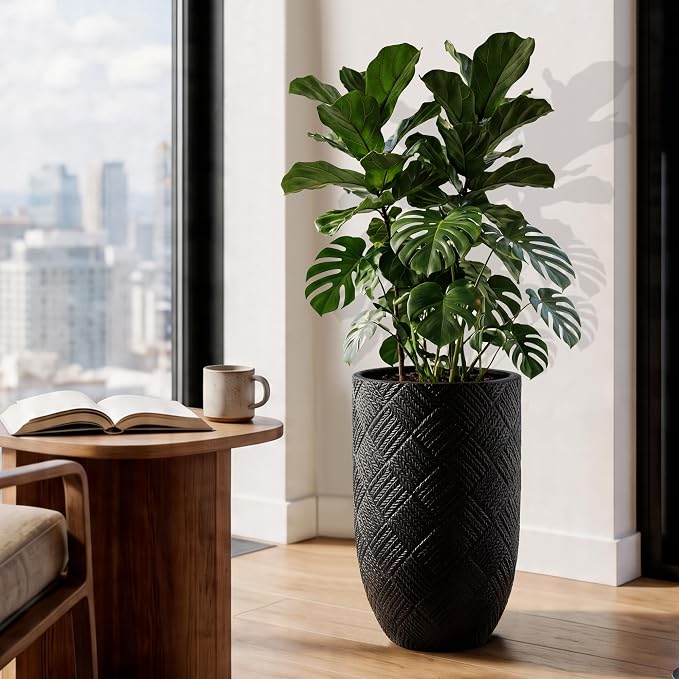 Oakrain 17.7" Tall Planter for Indoor Plants, Large Flower Pot with Handcrafted Herringbone Texture, Modern Floor Planter for Front Porch, Patio, Living Room, Black