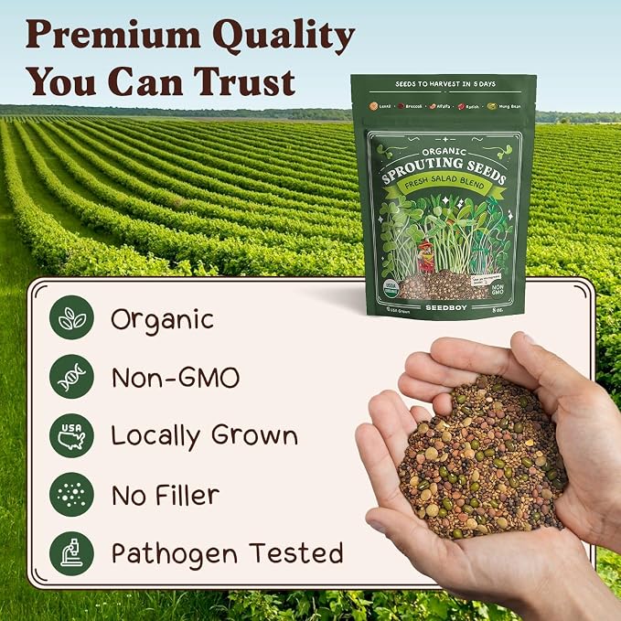 Seedboy Organic Non-GMO Sprouting Seeds, Fresh Salad Blend - USA Grown Microgreens Mix with Alfalfa, Broccoli, Radish, Mung Bean & Lentil - 8 oz Bag Makes 8 Quarts / 32 Servings (Salad Blend)