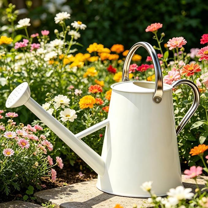 Metal Watering Can with Stainless Steel Handle for Outdoor and Indoor Plants, Watering Can Decor, 1.5 Gallon (White)