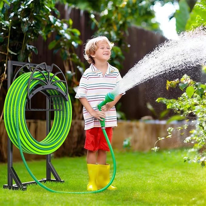 New Upgraded Garden Hose Holder with Storage Basket & Hose Storage Hanger Rack, Heavy-Duty Water Hose Holder Holds 160FT,Garden Hose Hanger Storage Rack for Outside Yard Lawn Farm