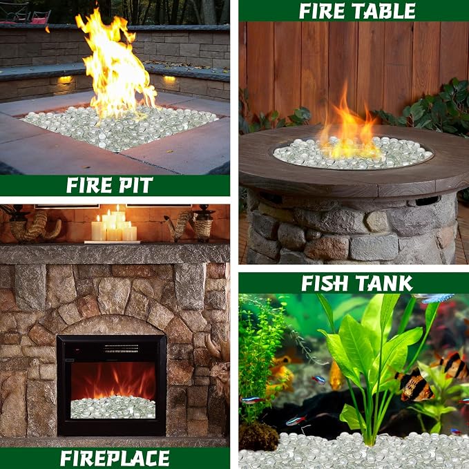 20 Pounds Firepit Glass, 3/4 Inch Glass Beads, Rocks for Fire Pit Table, Fireplace and Fire Bowl, Crystal Luster Firepit Rocks