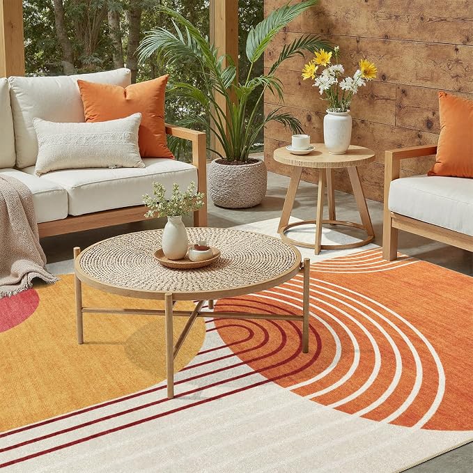 DCX Abstract Washable 8x10 Rug, Non Slip Low Pile Rug, Orange & Yellow | Rugs for living room, bedroom, dining room, office, soft, mid century modern rug, sain resistant indoor carpet, home decor