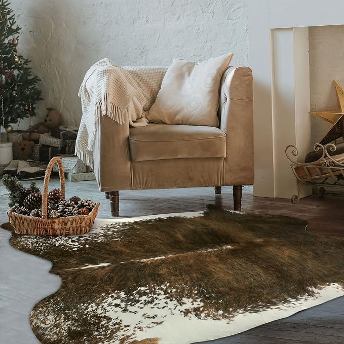 BENRON Small Faux Cowhide Rug, Cow Print Rug for Kitchen Hallyway 2.9X 3.9 | Western cow hide rug for Home Decor, Washable Rugs with Irregular Animal Skins and Hides, Non Slip, Olive Green