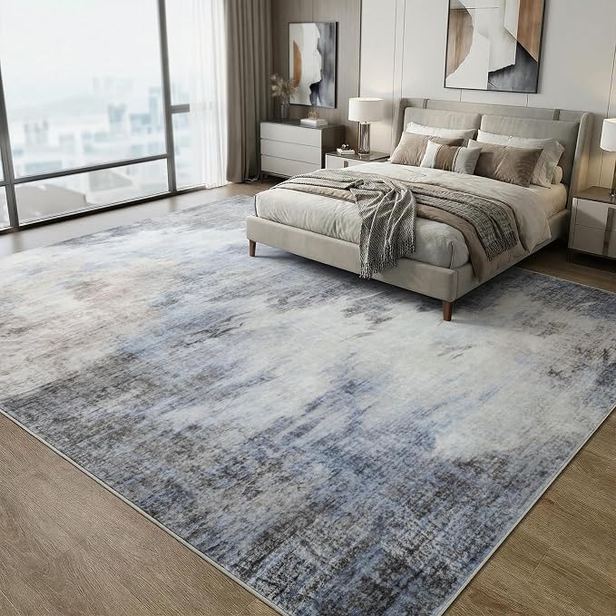 Low Pile Abstract 6x9 Washable Rug for Bedroom Mid-Century Modern | Stain Resistant Non-Slip Rugs for Living Room, Cool Floor Carpet for Farmhouse, Vintage Home Decor, Misty Blue Beige Gray