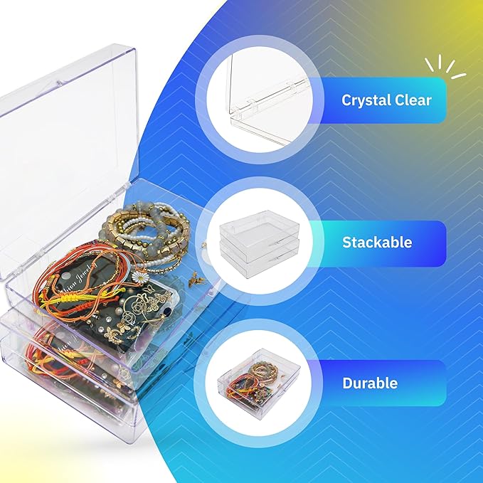 Clear Hinged Plastic Storage Boxes (4 Pack) – 7" x 5" x 1.75" Small Organizer Containers for Crafts, Games, Office Supplies – Stackable, Durable, BPA-Free, Made in USA