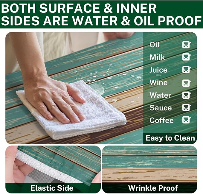 Teal Brown Picnic Table Cover with Bench Covers, Vintage Retro Wood Board Outdoor Camping Essentials 6FT 3PCS Fitted Rectangle RV Must Haves Tablecloth with Drawstring Bag