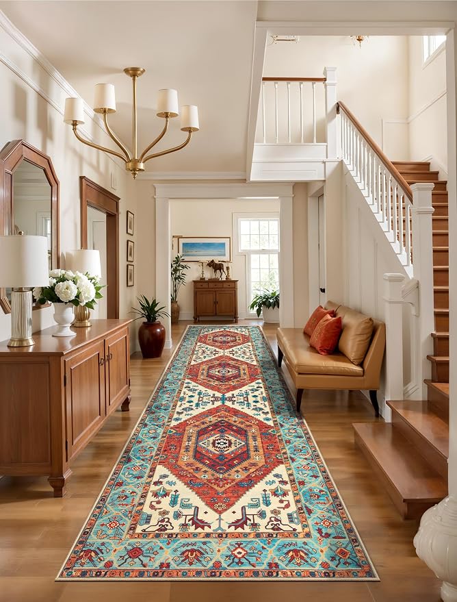 SERISSA 3x8 Washable Non Slip Boho Runner Rug for Hallway，Orange | Ultra Soft Vintage Oriental Carpet Low-Pile Tribal Floor Carpet for Stair Kitchen Bedroom Bathroom Laundry Room