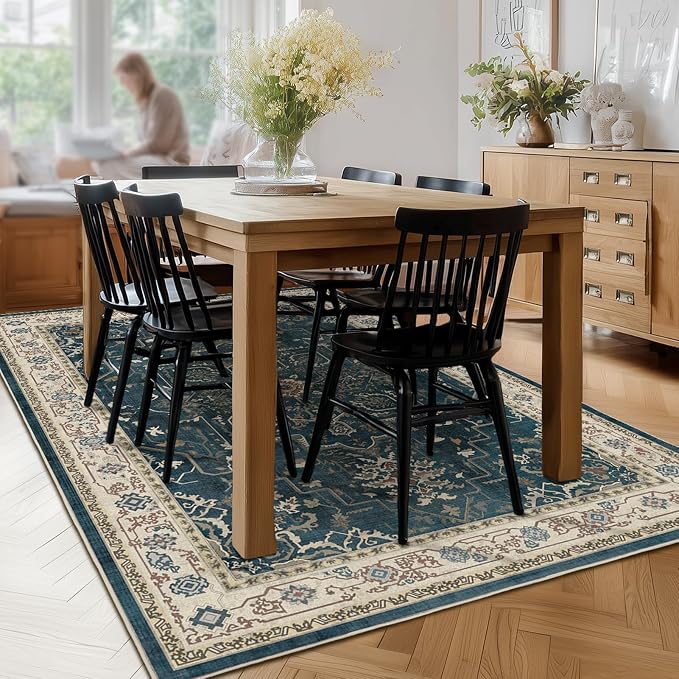 Distressed Vintage 5x7 Area Rugs for Living Room Bedroom Non Slip Washable, Medallion Pattern Printed Low Pile Farmhouse Carpet Rugs for Dining Room/Kitchen/Home Office, Deep Blue/Multi