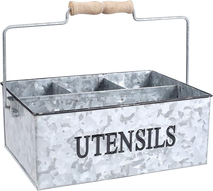Light & Pro Large Galvanized Bucket Drink Tub Caddy Serveware Utensil Organizer Picnic Caddy Multipurpose Wooden Handle Storage Bin Farmhouse Rustic Organizer With Dividers - Natural