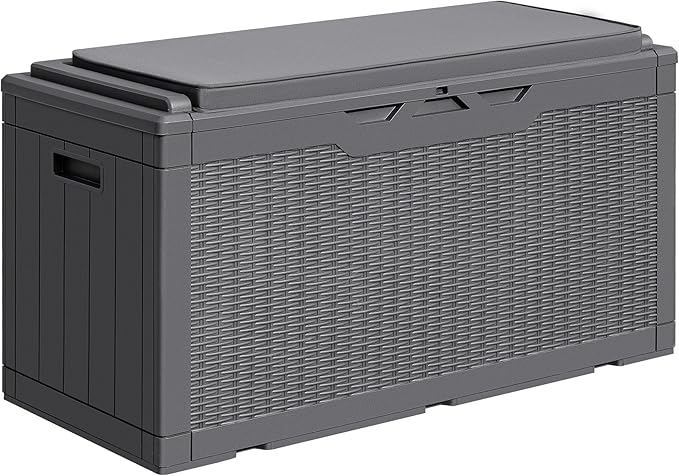 Greesum 100 Gallon Resin Deck Box Large Outdoor Storage with Cushions for Patio Furniture, Garden Tools, Pool Supplies, Weatherproof and UV Resistant, Lockable,Gray