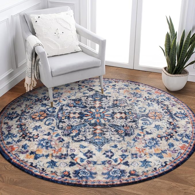 Lahome Reine Bohemian Round Rug 3Ft Small Bedroom Round Area Rug Soft Bathroom Circle Mat, Vintage Washable Non Slip Low Pile Indoor Floor Carpet for Kitchen Laundry Entryway, Blue Purple/Multi
