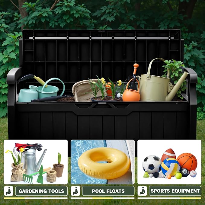 Flamaker 80 Gallon Storage Bench Outdoor Indoor, Durable All-Weather Seating with Hidden Storage, Lockable Deck Box for Garden, Patio, Poolside (Black)