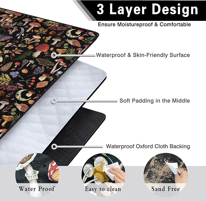 Supfitness Extra Large Picnic Blankets Waterproof Foldable (60"x 80") Mushroom Beach Blanket Waterproof Sandproof,3-Layer Thicking Mat Outdoor Packable Camping Blanket