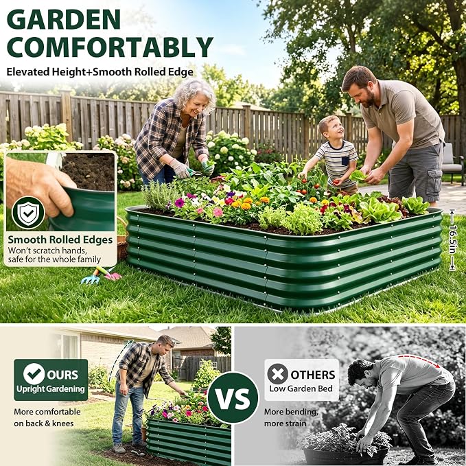 16.5" Deep Square Galvanized Raised Garden Bed 4x4 ft – Large Metal Planter Box for Vegetables, Flowers & Herbs – Heavy Duty Outdoor Above Ground Gardening Bed with Easy Assembly (Green)