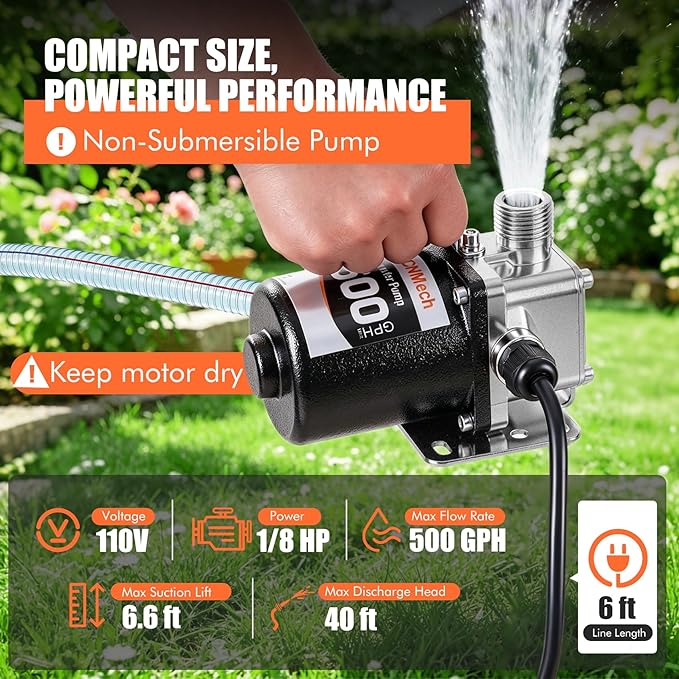FMCNMech 110V Portable Electric Water Transfer Pump, 500 GPH High Flow Utility Pump with Switch for Pool Drain, Basement, Garden, Rain Barrel, Cast Iron