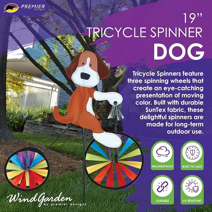 Tricycle Spinner Dog 19" – Cute Canine Design, Weather-Resistant Outdoor Decor, Durable & Lightweight for Patios, Yards, and Gardens - Eye-Catching Wind Spinner with Rotating Wheels