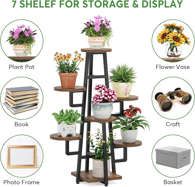 LITTLE TREE 7 Tier Plant Stand Indoor Tall Plant Shelf Corner Plant Pots Holder Rack Flower Stand for Living Room Balcony Garden, Rustic Brown