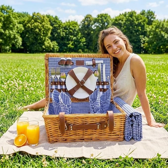 Multifunctional Wicker Picnic Basket Set for 4 Blanket Family Folding Wine Table,Insulated Portable Extra Big Storage Capacity Woven Rattan Canasta De Full Tablewares Camping Outdoor Flowers Blue