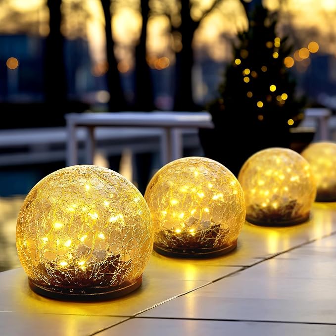 Honoson 3.9 Inch Solar Globe Lights Outdoor - Waterproof Cracked Glass Balls for Lawn Patio Yard Backyard Decorations, Warm Yellow Solar LED Lights with Easy Installation,Durable Design (4 Pcs)
