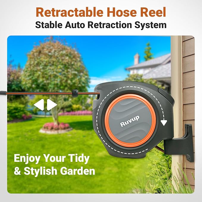 Ruvup Retractable Garden Hose Reel, 1/2” x 110ft+6.5ft Automatic Water Hoses Reels for Outside with 10 Pattern Nozzle, UV Resistant Wall Mount Slow Retraction Any Length Lock 180° Swivel Bracket