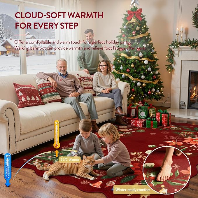 Lahome Floral Christmas Round Rug 4ft, Washable Red Xmas Tree Round Christmas Rug Indoor Mats Non-Slip Non-Shedding Soft Holiday Decor Circle Carpet for Bedroom Nursery, Red